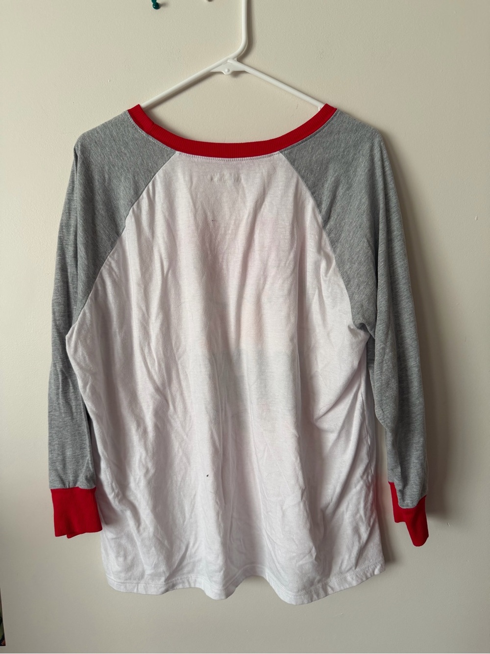 Womens’ 'Merry & Bright' Raglan Long Sleeve Tee - White/Gray with Red Trim - Picture 3 of 4